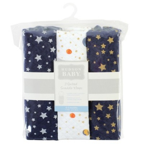 Hudson Baby Unisex Baby Quilted Cotton Swaddle Wrap 3pk, Metallic Stars, 0-3 Months