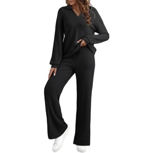 EVALESS Womens Pajama Sets Long Sleeve Sleepwear Matching Drawstring Elastic Pj Pants Ribbed Knit 2 Piece Lounge Set