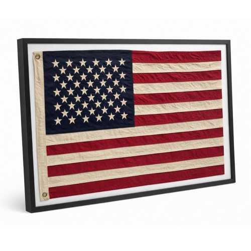 Large Horizontal Framed Vintage American Flag Real Cotton Embroidered Aged US Flag Vertical Premium Patriotic Wall Art, 3x5 flag available
