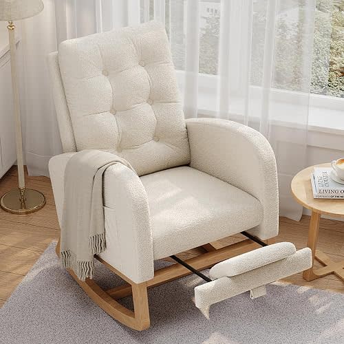 Garvee Modern Nursery Rocking Chair, Boucle Upholstered Rocking Chair with Footrest, Comfortable Rocker Recliner with Side Pocket, Rocker Glider for Living Room, Bedroom, Nursing Room, Beige