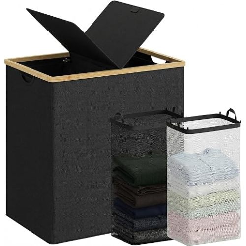 efluky Double Laundry Hamper with Lid and 2 Removable Bags, Black