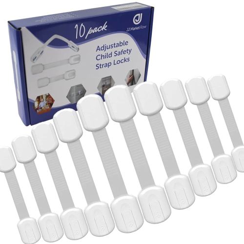 Child Proof Safety Strap Locks 10-Pack - No Drill Cabinet Locks Baby Proofing, 3M Adhesive for Drawers, Cabinets, Fridge, Toilet, Baby Proofing for Child Safety