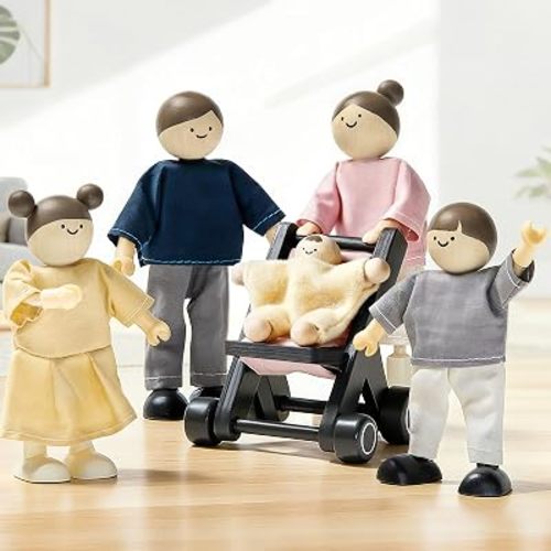 Tiny Land Wooden Dollhouse People Set, 5-Piece Poseable Wooden Doll Family