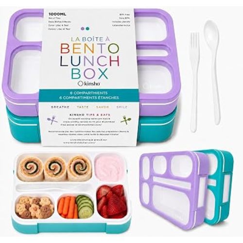 kinsho Bento Lunch Box Containers for Kids or Adults, Purple & Teal Set