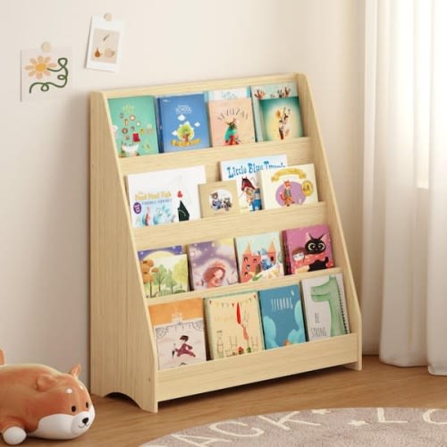 Mira 34.64 in. Tall Neutral MDF Wood 4-Tier Freestanding Kids Bookcase with Open Display Shelves