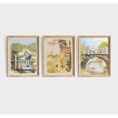 Winnie The Pooh on Stone Bridge, Vintage Printable Wall Art for Nursery Set of 3, Classic Winnie the Pooh Illustration.