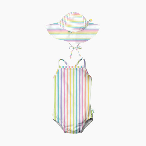 GREEN SPROUTS UPF 50+ Swimsuit with Built-in Diaper & Brim Hat Set - Rainbow Pinstripe, 0-6 Months