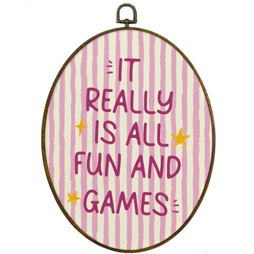 MAQIKA Funny Playroom Framed Oval Wall Art Decor, Kids Game Room Oval Wall Hanging Decor, Humorous Pink Striped Canvas Prints Wall Art for Kids Girls Room Bedroom Playroom, 8.7x11.3 Inch