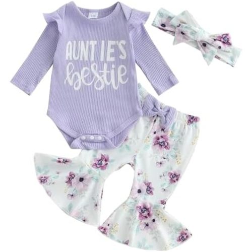 GINEVSALNewborn Baby Girls Fall Clothes Mommy is My Bestie Letter Print Long Sleeve Romper Floral Long Pants Headband Set