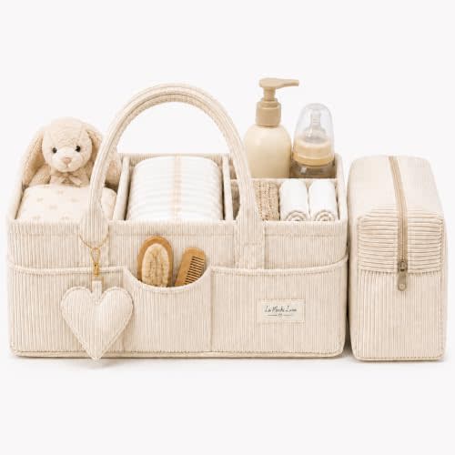 Baby Diaper Caddy Organizer with Matching Zipper Pouch, Soft Corduroy Diaper Storage Basket, Nursery Organizer with Removable Divider, Newborn Essentials, Baby Registry Must Have, Gift for Baby Shower