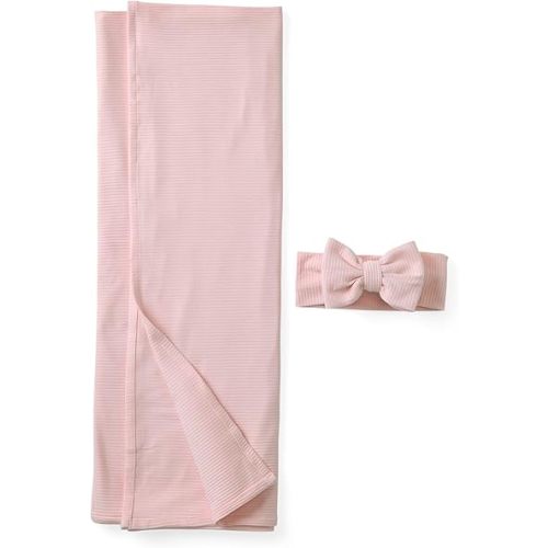 Little Sleepies Swaddle & Luxe Bow Headband Set, Viscose from Bamboo Baby Swaddles, Newborn Baby Girl Clothes (Prima Pink Ribbed)