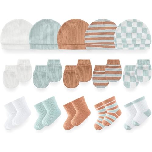 Chamie 15 Pack Unisex Newborn Baby Hats Mittens Socks Set Cotton Soft Essential Infant Accessory Kit for 0-6 Months