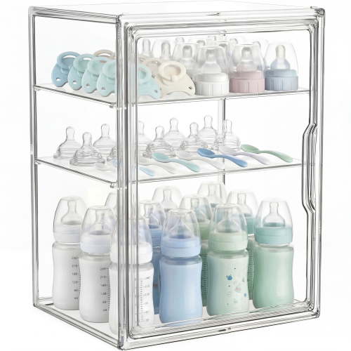 TUOBOS 3-Tier Clear Acrylic Baby Bottle Organizer with Magnetic Door and 2 Removable Dividers