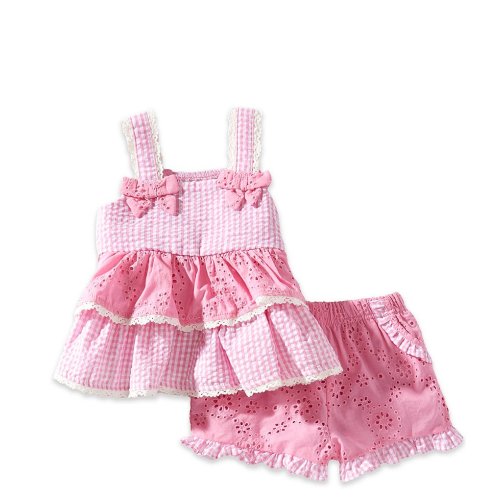 Rare Editions Baby Girls Sleeveless Mixed-Media Gingham/Eyelet-Embroidered Bow Detail Lace Trim Top & Matching Shorts Set