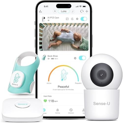 Sense-U Smart Baby Sock Monitor and 2.5K PTZ Camera, Tracks Heart Rate, Sleep Trends & Movement Anytime Anywhere, Video Monitor