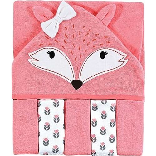 Hudson Baby Unisex Baby Hooded Towel and Five Washcloths, Girl Fox, One Size