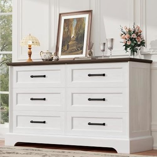 YESHOMY Dresser for Bedroom, Farmhouse 6 Drawers Dressers, White and Brown