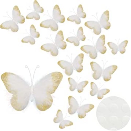 16 Pieces Feather 3D Butterfly Wall Decals Gold Glitter Butterfly Decor Stickers for Room Offices Bedroom Bathroom Living Room Decor(White)