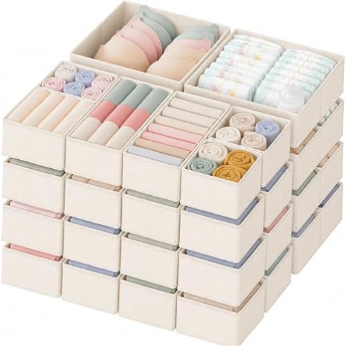 Criusia Drawer Organizer Clothes, 24 Pack Dresser Organizer for Baby Clothes, Underwear, Sock- Foldable Closet Organization and Storage Dividers Bins for Nursery, Bedroom and Dorm (Beige)