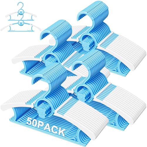 50 Pack Baby Hangers for Nursery Closet, 11-14" Adjustable Kids Hangers | Toddler Hangers, Plastic Hangers, Non-Slip, Windproof Buckle, Clothes Pants, Boys Girls Infant Newborn Adult, Blue