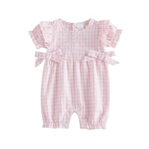 Baby Girl Bubble Romper Newborn Infant Ruffle Short Sleeve Toddler Plaid Jumpsuit Summer Outfit Cute Clothes