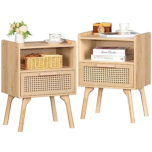 Lerliuo Rattan Nightstands Set of 2, Boho Side Table with Drawer Open Shelf | Cane Accent Bedside End Table with Solid Wood Legs for Bedroom, Dorm and Small Spaces (Natural)