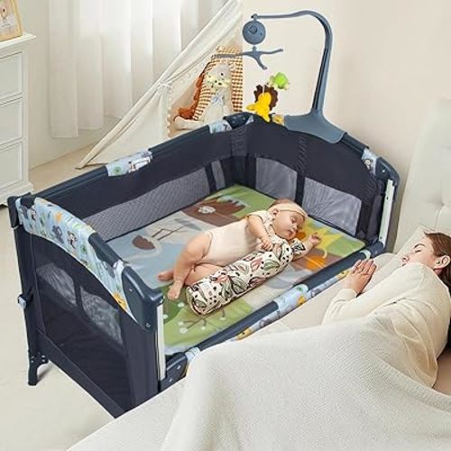 5-in-1 Baby Bassinet Bedside Crib, Pack and Play Long Next to Parents Bed Crib with Toys & Music Box, Mattress, Foldable Playard, Playpen Travel Bed Nursery Center for Girl Boy Infant Newborn