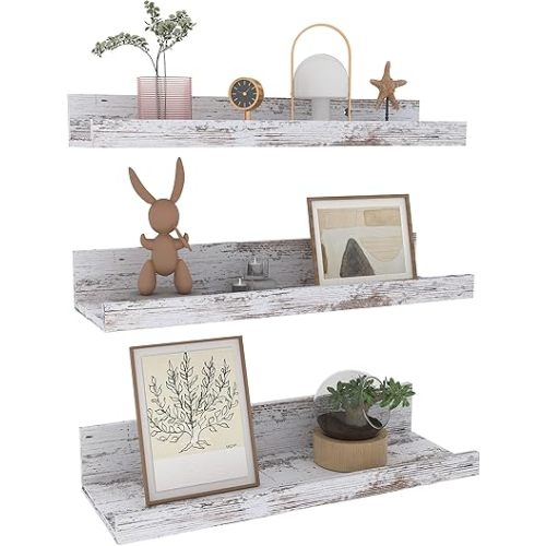 Lavezee 15.7 Inch Floating Shelves for Wall Set of 3, Rustic Picture Ledge Wall Mounted Shelf for Living Room, Bedroom, Kitchen, Bathroom, Distressed White