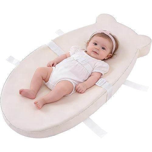 Baby Changing Pad, Soft Diaper Changing Mat with Waterproof & Wipeable PU Cover, Contoured Diaper Changing Pad with Non-Slip Safety Belt for Dresser,Table,Bed, Portable and Lightweight, Beige