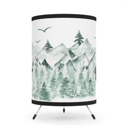 Pine Tree and Mountains Table Lamp, Forest nursery decor, Woodland baby room decor, Kids room lamps, Bedside lamp tripod, Boy nursery lamp