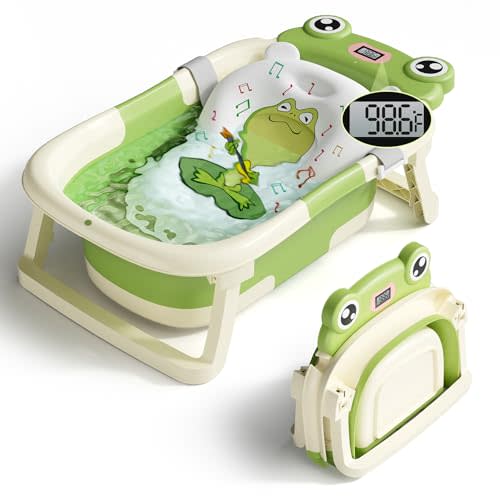 BUNWAG Baby Bathtub, Collapsible Newborn Bathtub for Infant to Toddler 0-24 Months with Soft Cushion and Thermometer,Portable Travel Newborn Tub with No-Slip Feet, Baby Shower Gifts,Green