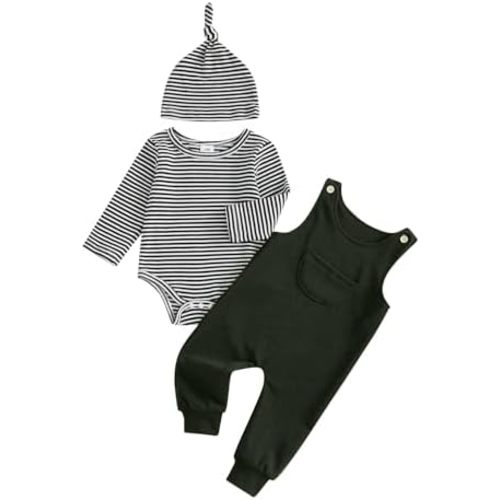 Newborn Baby Boy Clothes Long Sleeve Waffle Striped Romper Overalls Pants Hat 3Pcs Infant Fall Winter Spring Outfits