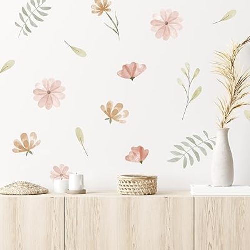 Watercolor Flower Wall Decals - Set of 16 Vinyl Flower Room Decor Peel and Stick Removable Floral Stickers for Nursery Bedroom Bathroom