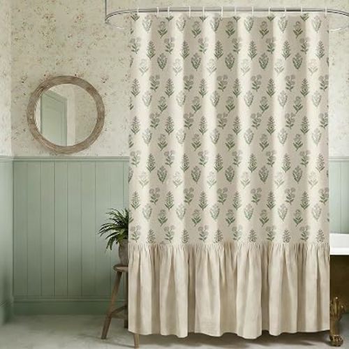 Linen Ruffle Shower Curtain with Hooks, Vintage Cottagecore Farmhouse Floral Shower Curtain for Bathroom, Boho Block Print Bathroom Decor, 72 x 72 Inch