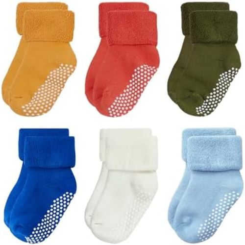 VWU Baby Toddler Kids Ankle Crew Socks with Grips Unisex Warm Thick Cotton Winter Socks 0-10 Years 6/8 Pack
