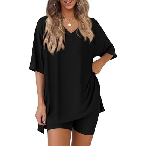 PRETTYGARDEN 2 Piece Sets for Women Summer 2026 Lounge Short Set Spring Matching Biker Shorts V Neck Oversized Shirt Clothing