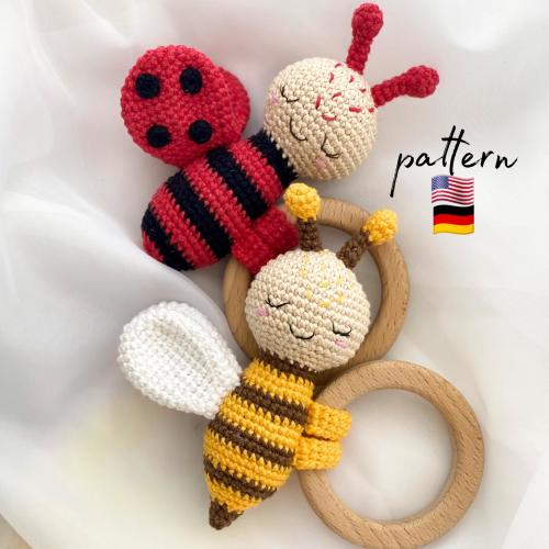 Baby toys Amigurumi pattern. Gift newborn. Crochet teether Bee and Ladybug. Baby rattle. Baby toys. New baby gift. Montessori toys 6 month