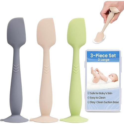 3-Pack Diaper Cream Spatula - Soft Silicone Butt Paste Spatula with Full-Size Applicators, Diaper Rash Cream Applicator for Newborn Baby Essentials (Green, Beige, Gray)