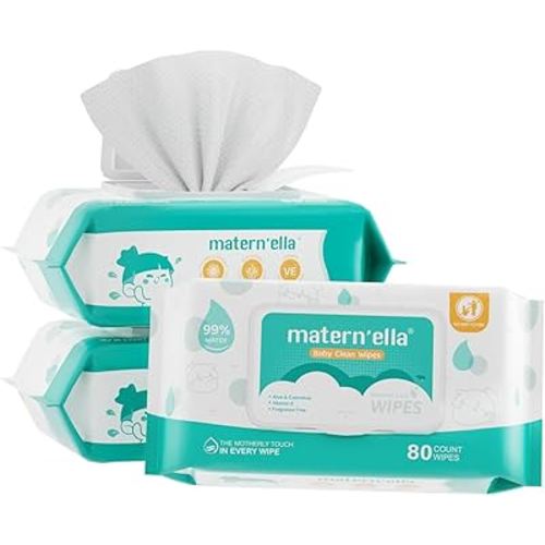 MATERN'ELLA Baby Wipes, Wet Wipes for Sensitive Skin, Baby Diaper Wipes 99% Water Based Wipes, Unscented&Alcohol-free Hypoallergenic (240 Count (Pack of 3）