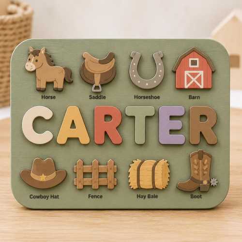 Personalized Cowboy Name Puzzle, Custom Wooden Name Puzzle, Western Montessori Toy, Horse Farm Baby Gift, Cowboy Nursery Decor