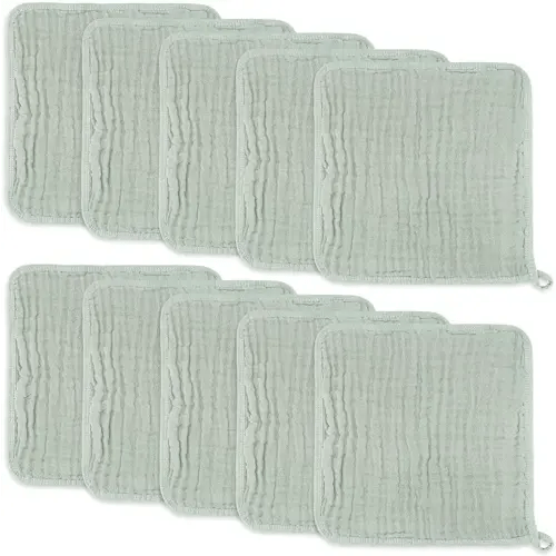 Baby Washcloths, Muslin Cotton Baby Towels, Large 10”x10” Wash Cloths Soft on Sensitive Skin, Absorbent for Boys & Girls, Newborn Baby & Toddlers Essentials Shower Registry Gift (Fern, Pack of 10)