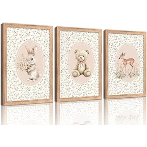 Framed Pink Girl Nursery Wall Art Vintage Sage Green Floral Woodland Animal Picture Wall Decor Bunny Teddy Bear and Deer Poster Country Farmhouse Painting Print Artwork for Baby Girl Room Bedroom