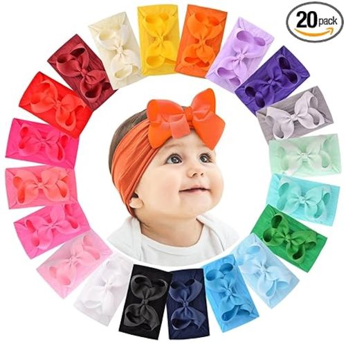 doboi 20pcs Baby Headbands and Hair Bows Set - 4 Inches Nylon Headbands with Bows for Newborns, Infants, Toddlers and Girls