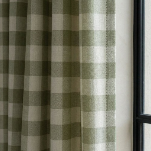 Organic Linen Gingham Curtains, Sage Green & Cream Buffalo Check, Custom Size, Cotton Lined or Blackout, 50”/100” Wide