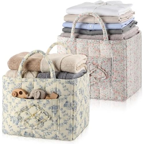 2 Pcs Quilted Fabric Storage Basket with Handles 13"x11"x10.6" Boho Foldable Floral Laundry Organizer Bin for Home Picnic Shopping Travel (Floral)