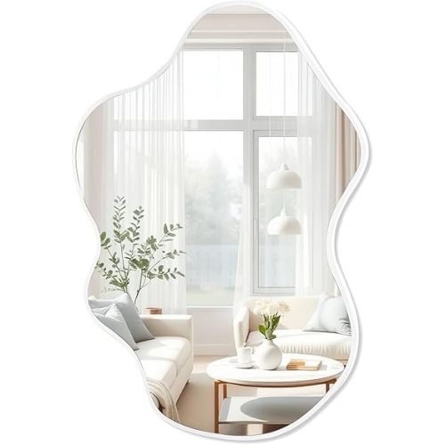 Tanmicoshomy White Irregular Wall Mirror 24x36 Inch, Cloud Shaped Frame Asymmetrical Wavy Mirror with Tempered Glass for Bathroom Bedroom Living Room or Entryway