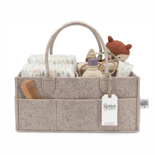 Parker Baby Co. Felt Diaper Caddy Organizer - Large, Oatmeal | Portable nursery storage bin for diapers, wipes, bottles & baby essentials in home/car. Soft felt, foldable design 16x10x7"