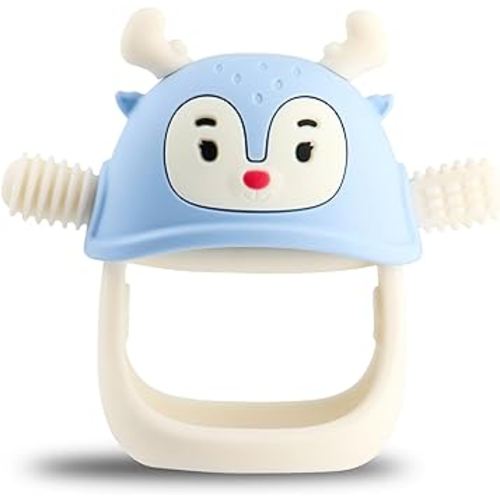 Smily Mia Reindeer Organic Baby Toys 0-6Months, Mitten for 3-6Months, Easy to Hold Stem with Chewing Nubs for Teething Pain Relief for 6-12Months Babies, Ocean Blue
