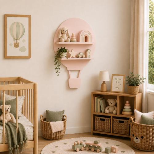 Italian Trade Pink Hand-Painted Hot Air Balloon Shelf, Nursery Storage, Scandinavian Wall Decor,