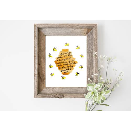 Watercolor Bee Wall Art Print Painting, Bible Verse Scripture, Honeycomb Bee Nursery Home Decor, Honey Bee Gifts, Proverbs 16:24, 8x10